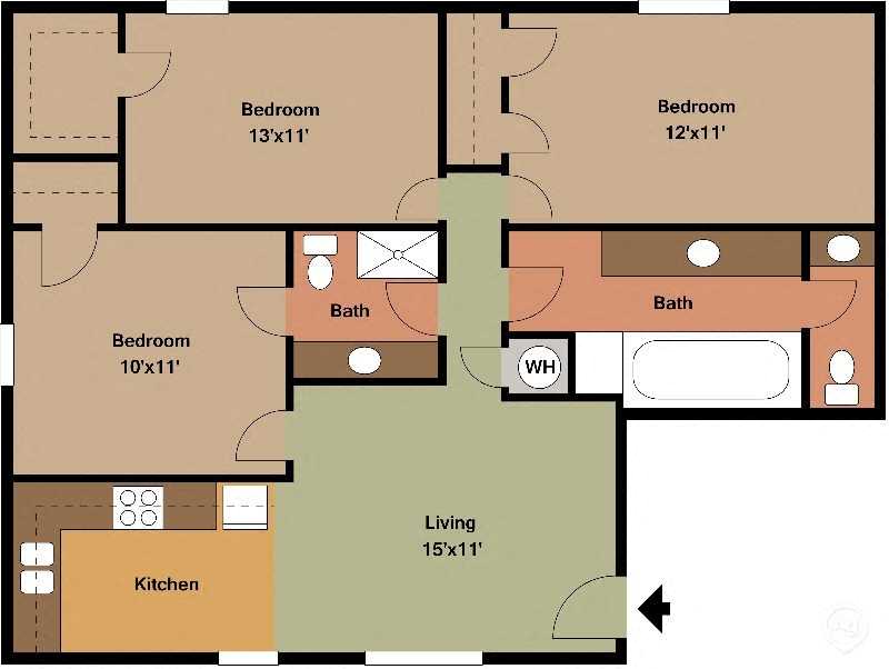 Floor plan for 3 beds, 2 baths, 960 sqft